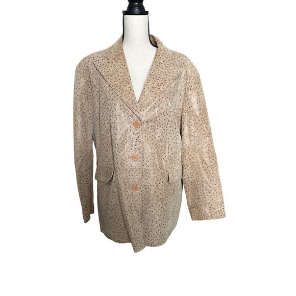 Terry Lewis Leather Jacket Ostrich Pattern Tan Lined 3 Button Flap Pockets 3X - Picture 1 of 6